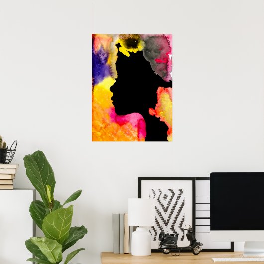 ひまわりレディーシルエット水彩画 ポスター (ホームオフィス)