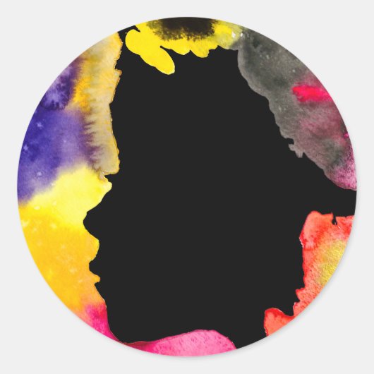 ひまわりレディーシルエット水彩画 ラウンドシール (正面)