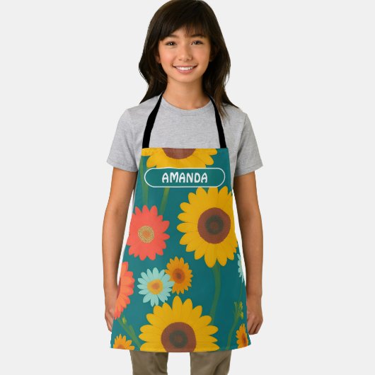 ひまわりレトロカラフルパーソナライズされた模様 エプロン (インサイチュ)