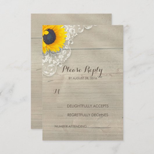 ひまわりレースとウッド素朴ウェディングRSVPカード 出欠カード (正面/裏面)