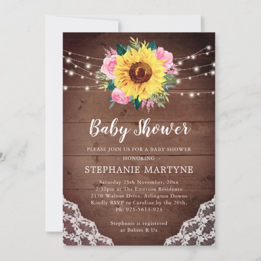 ひまわりレースピンクフローラ素朴ベビーシャワー 招待状 (正面)