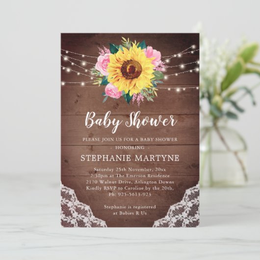 ひまわりレースピンクフローラ素朴ベビーシャワー 招待状 (スタンド正面)