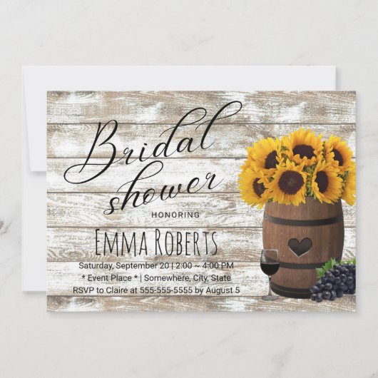 ひまわりワインバレルバ素朴ンブライダルシャワー 招待状 (正面)