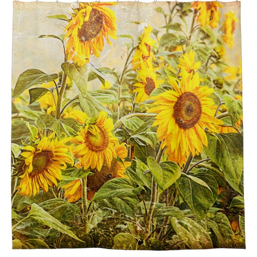 ひまわりヴィンテージイエローグリーンサマーカントリー シャワーカーテン (正面)