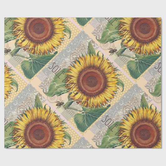 ひまわりヴィンテージダマスクフラワーアート ラッピングペーパー (フラット)