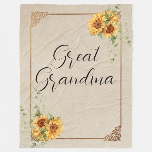 ひまわりヴィンテージフレーム素晴らしおばあちゃん フリースブランケット (正面)