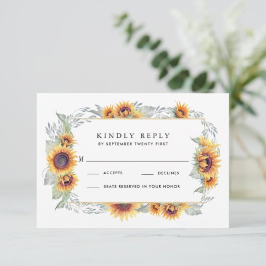 ひまわりヴィンテージ水彩ウェディングRSVPカード 出欠カード (スタンド正面)