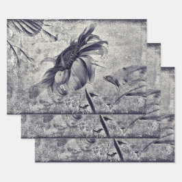 ひまわりヴィンテージ白黒アンティーク ラッピングペーパーシート