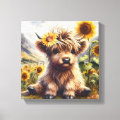 ひまわり付きかわいいハイランドカウウ キャンバスプリント (正面)
