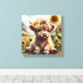 ひまわり付きかわいいハイランドカウウ キャンバスプリント (インサイチュ (ウッドフロア))