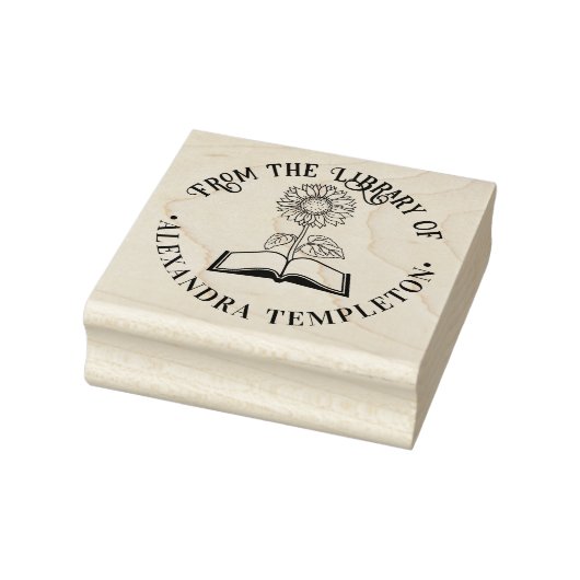 ひまわり付きの本 「図書館から」丸型 ラバースタンプ (スタンプ)