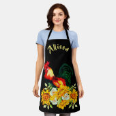ひまわり付きオンドリパーソナライズされたー エプロン (着用した状態)