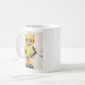 ひまわり付きハッピーイエローロボット コーヒーマグカップ (正面左)