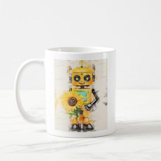 ひまわり付きハッピーイエローロボット コーヒーマグカップ (左)