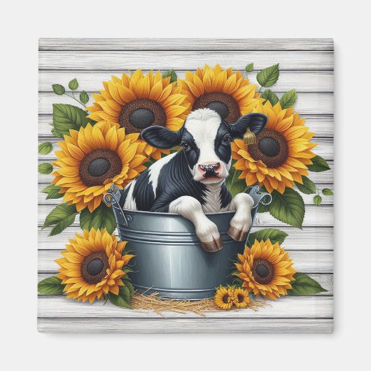 ひまわり付きメタルバケットかわいい鮮やか子牛 マグネット (正面)