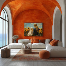 ひまわり付き女性と犬 – 油絵を描スタイル