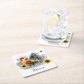 ひまわり付き根パーソナライズされた屋 スクエアペーパーコースター (インサイチュ)