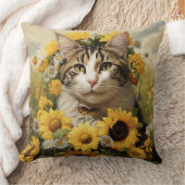 ひまわり付き茶色と白のタビーかわいらし猫 クッション (ブランケット)