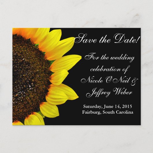 ひまわり写真カスタムウェディング日付を保存 案内ポストカード (正面)