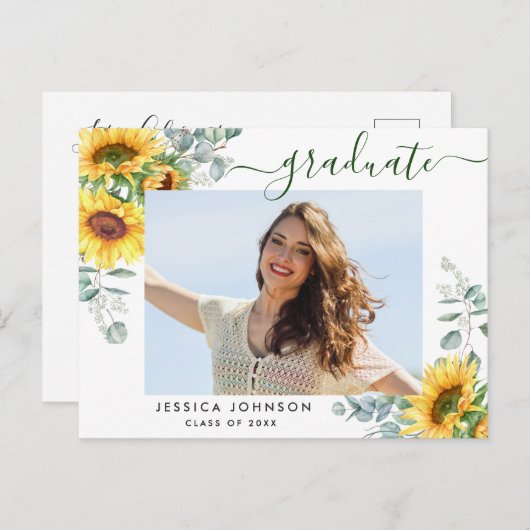 ひまわり写真卒業パーティー招待状 ポストカード (正面/裏面)