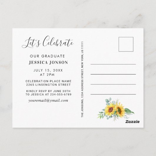 ひまわり写真卒業パーティー招待状 ポストカード (裏面)