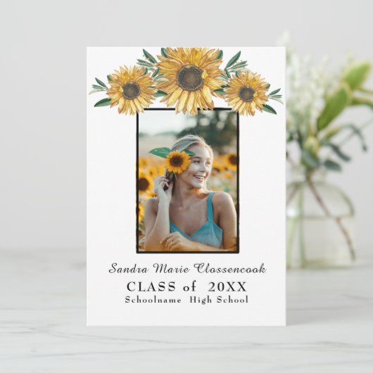 ひまわり写真枠モダン素朴な卒業 案内状 (スタンド正面)