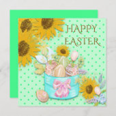 ひまわり卵のバスケットハッピーイースターグリーンドット シーズンカード (正面/裏面)