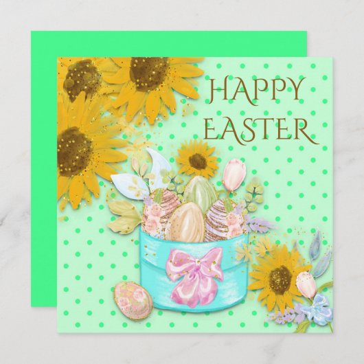 ひまわり卵のバスケットハッピーイースターグリーンドット シーズンカード (正面/裏面)