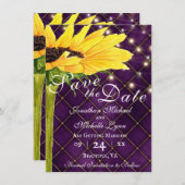 ひまわり及びストリングライト結婚オン紫 セーブザデート (正面/裏面)