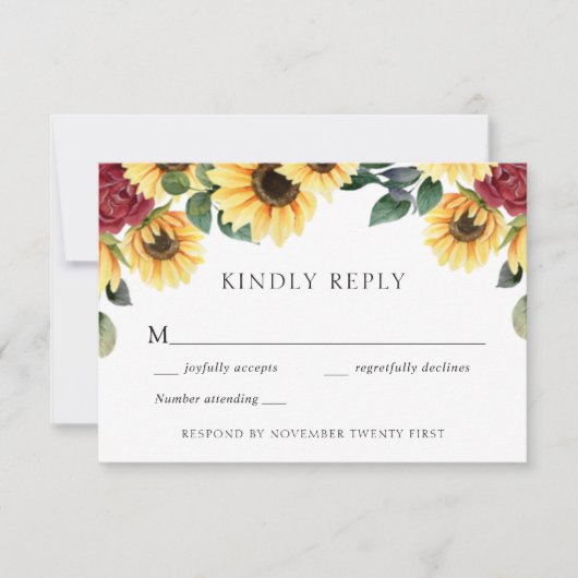 ひまわり及びバラ結婚の応答カード 招待状 (正面)