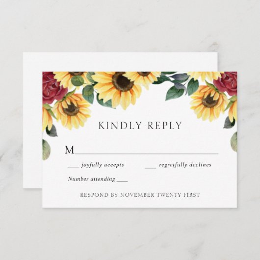 ひまわり及びバラ結婚の応答カード 招待状 (正面/裏面)