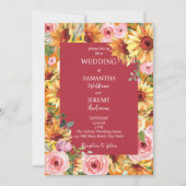 ひまわり及びピンクの結婚バラ 招待状 (正面)