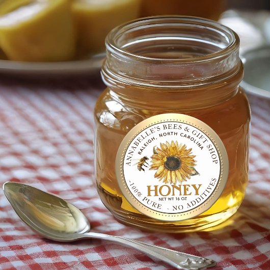 ひまわり及び蜂はちみつラベル縁ど金ゴールド ラウンドシール