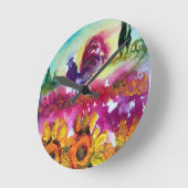 ひまわり及び黒鶏 ラウンド壁時計 (傾斜)