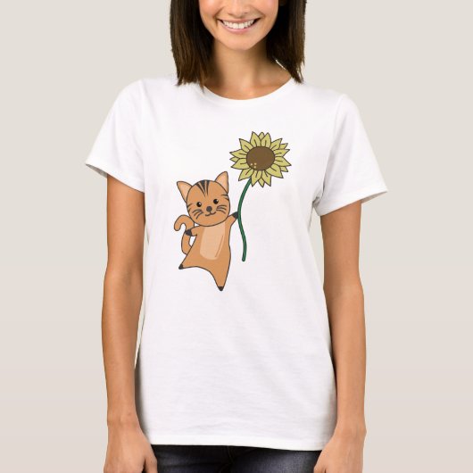 ひまわり可愛い動物がいる子供へ猫 Tシャツ (正面)