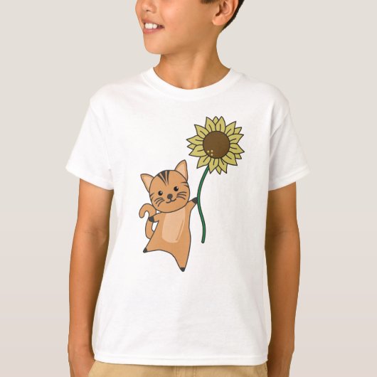 ひまわり可愛い動物がいる子供へ猫 Tシャツ (正面)