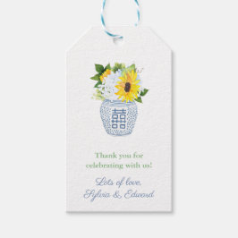 ひまわり名門私立校風の花青と白の花瓶ベビーシャワー ギフトタグ