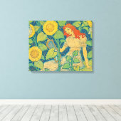 ひまわり園の花の子の女性 キャンバスプリント (インサイチュ (ウッドフロア))