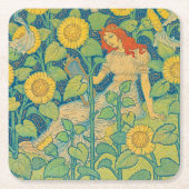 ひまわり園の花の子の女性 スクエアペーパーコースター (正面)