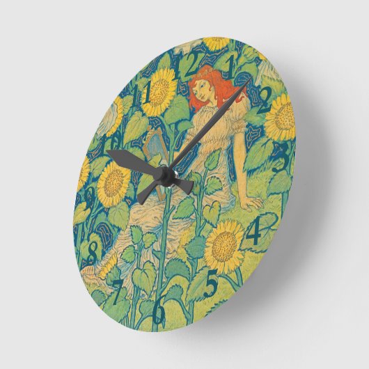 ひまわり園の花の子の女性 ラウンド壁時計 (傾斜)