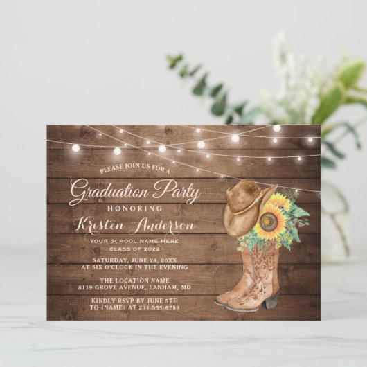 ひまわり女性のカーボーイブーツ3写真卒業パーティー 招待状 (スタンド正面)