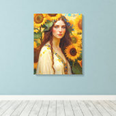 ひまわり女性の山毛付きリース キャンバスプリント (インサイチュ (ウッドフロア))