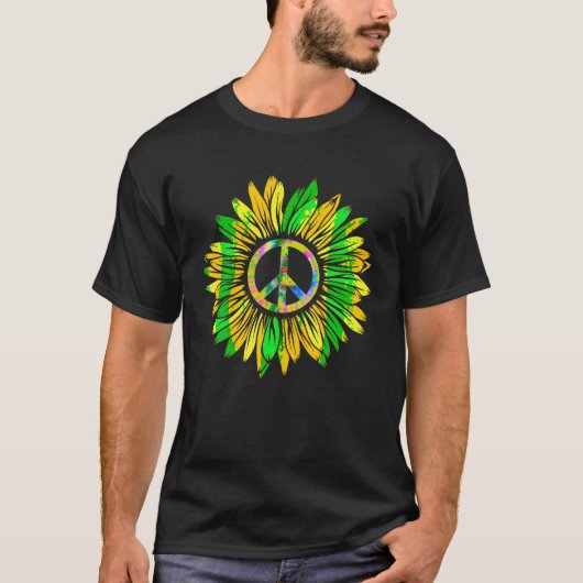 ひまわり平和サイン60s 70s絞り染めヒッピーTシール Tシャツ (正面)