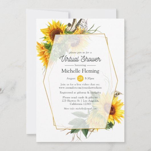 ひまわり幾何学模様の仮想ブライダルまたはベビーシャワー 招待状 (正面)