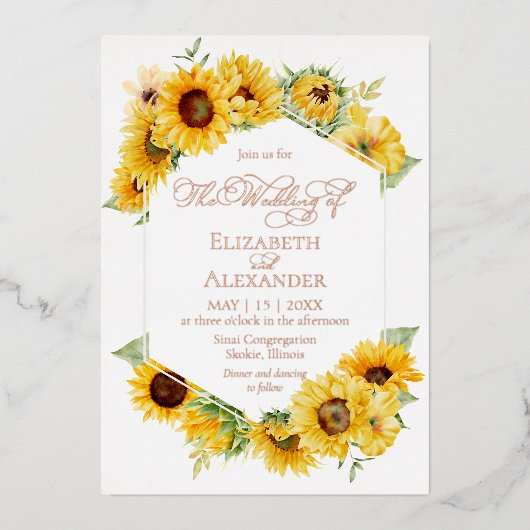 ひまわり幾何学秋秋結婚写真実在 箔招待状 (正面)