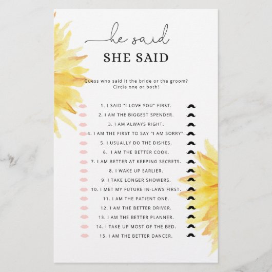 ひまわり彼は彼女はブライダルシャワーゲームを言った (正面)