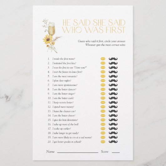 ひまわり彼は彼女はボホのブライダルシャワーゲームを言った (正面)