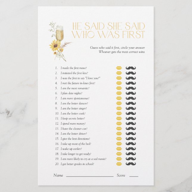 ひまわり彼は彼女はボホのブライダルシャワーゲームを言った (正面)
