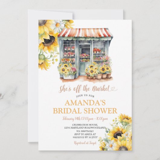 ひまわり彼女は市場のブライダルシャワー 招待状 (正面)