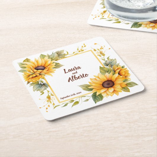 ひまわり愛:パーソナライズされたの結婚コースター スクエアペーパーコースター (アングル)